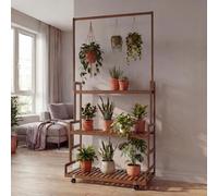 Étagère À Plantes En Bambou Hwc-Q33, Étagère En Escalier Pour Fleurs, Tige Avec 3 Tablettes Et Roulettes, 175 X 93 X 38 Cm Marron Marron