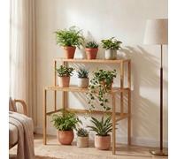 Étagère à plantes en bambou HWC-Q34, escalier à fleurs, support à fleurs, escalier à plantes, 2 tablettes 100 x 90 x 50 cm ~ naturel