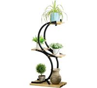 Étagère à plantes en forme de S, support à 4 niveaux avec structure métallique et bois massif, noir, 46 x 25 x 91 cm, pour le jardin et le balcon