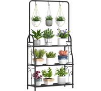 Étagère à plantes - Support à fleurs 3 niveaux - Métal - Avec barre suspendue et crochets - Pour l'intérieur et l'extérieur - 75×25×137 cm - Noir