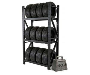 Étagère à pneus Relaxdays pour 12 pneus, H x l x P 180 x 120 x 50 cm, 600 kg, acier, système d'assemblage par emboîtement, étagère à pneus pour atelier, noir