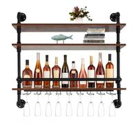Étagère à vin murale à 3 niveaux avec garde-corps de protection, 92 x 20 x | Étagère à vin murale en bois et fer, étagère murale industrielle avec support en verre, porte-vin, accessoires à vin