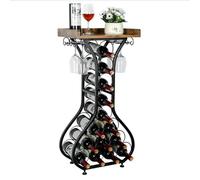 Étagère à vin sur pied - Mini-bar autoportant - Porte-bouteilles avec supports pour verres - Plateau en bois pour bar à la maison - Noir