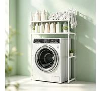 Étagère au-dessus Lave-Linge avec Crochets, Meuble Rangement Buanderie | Rangement robuste 2 niveaux pour lave-linge avec crochets et 89cm de dégagement inférieur.(White)