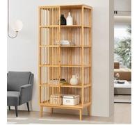 [en.casa] Étagère Autoportante avec Porte Coulissante Meuble de Rangement au Style Scandinave pour Salle de Bain Salon Chambre Cuisine Bambou 185 x 80 x 45 cm Naturel
