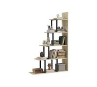 Etagère bibliothèque séparateur de pièce style industriel en escalier 5 étagères acier noir panneaux aspect bois chêne clair