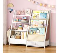 Étagère blanche pour livres pour enfants, dimensions 83,5 x 30 x 75 cm, avec 4 étagères et 3 compartiments