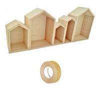 Etagère bois 5 blocs maison 50 x 8 x 20 cm + masking tape doré à paillettes 5 m Beige G