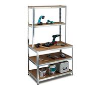 Etagère Charge Lourde, Lot de 2, avec établi, jusqu'à 900 kg, 5 Niveaux, métal et MDF, HxLxP : 180 x 100 x 60 cm, Gris