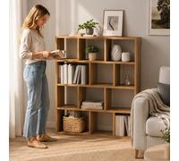 Étagère cubique avec 12 compartiments - Bibliothèque - Structure en bois - Rangement ouvert - Style moderne et minimaliste - Marron