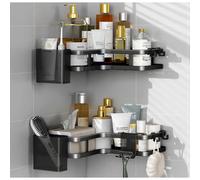 Étagère d'angle de douche noire, lot de 2, organisateur de salle de bain sans perçage avec 4 crochets pour shampoing et articles de toilette