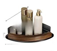 Étagère d'angle en bois sans perçage pour salle de bain, panier triangulaire mural en bois massif et alliage d'aluminium avec design creux, organiseur de douche étanche pour shampooing et savon (noir