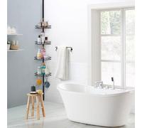 Étagère d'angle télescopique Unyqoos®, réglable en hauteur de 85 à 325 cm, avec 4 paniers de douche (chaque panier avec 4 crochets), en acier inoxydable résistant à la corrosion, installation sans per