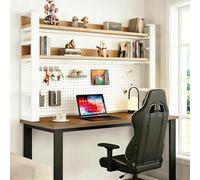 Étagère De Bureau À 2, 3 Ou 4 Niveaux, Bibliothèque De Bureau Autoportante, Étagère Métallique Avec Panneau Perforé - Rangement Pour Dessus De Bureau(White+Light Walnut,61 * 9 * 37in)