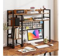 Étagère de Bureau à 4 Niveaux COSTWAY, 6 Crochets, Garde-corps Antichute, 94x25x74cm Organisateur pour Moniteurs jusqu'à 32"", Brun