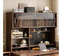 Étagère de Bureau en Bois avec Panneau Perforé et Placard Coulissant | Organisateur de Bureau Compacte avec Rangement Fermé et Panneau Perforé pour Accessoires(Brown,130x24cm/51.1x9.4'')