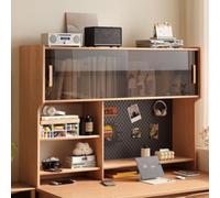 Étagère de Bureau en Bois avec Panneau Perforé et Placard Coulissant | Organisateur de Bureau Compacte avec Rangement Fermé et Panneau Perforé pour Accessoires(Natural,130x24cm/51.1x9.4'')