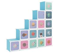 Étagère de cube d'enfants avec 15 partitions, cadre en acier bleu, pp, | Conception légère, installation facile, panneaux imperméables, motif de dessin animé, gain de place