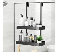 Étagère de douche à suspendre-2 étages-55,5 cm-Sans perçage-En acier inoxydable-Avec crochets-Organiseur de salle de bain - Noir