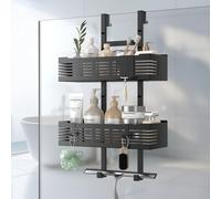 Étagère de douche à suspendre sans perçage, pour portes de douche en verre, de couleur noire, avec une structure à double colonne, et réglable en hauteur. Matériau : métal
