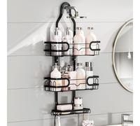 Étagère de douche avec support à rasoir, porte-savon et crochets, noire