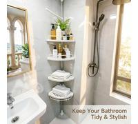 Étagère de douche d'angle, étagère de rangement de douche à 4 niveaux avec barre de tension et crochets, organisateur de douche blanc anti-rouille, étagère de douche d'angle réglable en hauteur sans p