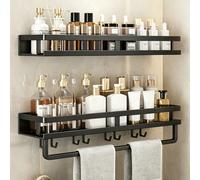Étagère de douche en métal noir à 1 niveau, barre porte-serviettes de salle de bain avec crochets, organisateur de rangement de salle de bain, étagère de rangement de douche, accessoires de salle de b