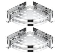 Étagère de douche sans perçage, lot de 2, argent, acier inoxydable 304, étagère d'angle avec 4 crochets, dimensions : 28 x 21 x 4,5 cm