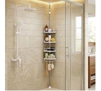 Étagère de Douche Télescopique, avec 4 Tablettes, 3 Crochets, Acier Inoxydable, Salle de bain, Blanc et Argent