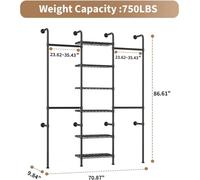 Étagère de placard à fixer au mur - Portant à vêtements en tube à 6 niveaux - Extensible de 60 à 90 cm - Capacité de charge de 340 kg - Avec système anti-basculement - Noir