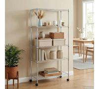 Étagère de rangement avec 5 niveaux et roulettes en métal chromé, dimensions 75 x 35 x 155 cm, capacité de charge de 250 kg, idéale pour la cuisine, le garage, la cave, l'atelier, le bureau et le stoc