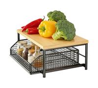 Étagère De Rangement De Cuisine, Étagère De Fruits Empilable Avec Couvercle En Bois, Organiseur De Rangement Verticale À 2 Niveaux Avec Tiroirs Pour Casseroles, Poêles, Micro-ondes, Assaisonnements
