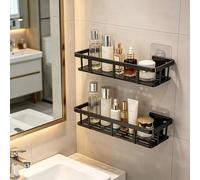 Étagère de rangement de salle de bain sans perçage, panier de douche noir monté au mur, robuste et durable, résistant à la rouille, adhésif puissant sans dommage au mur, installation facile sans outil