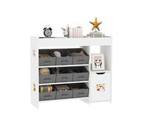Etagère de rangement enfant pour jouets et livres - 9 boîtes amovibles tissu non-tissé gris - porte, niche, 2 compartiments