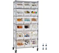 Étagère de rangement - Étagère fixe à 7 niveaux et 18 bacs empilables - Avec roulettes - Rangement d'outils - Utilisable comme étagère à livres ou étagère de cuisine - Dimensions 69 x 35,5 x 149 cm