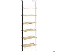 HOMCOM Étagère échelle Mural bibliothèque étagère de Rangement Style Industriel 6 étagères Acier Noir Aspect Bois Naturel - dim. 60L x 30l x 206H cm