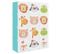 Étagère de rangement pour enfants avec 12 cubes verts en polypropylène et | Imperméable, facile à nettoyer, structure en acier, impression de dessin animé, montage sans vis