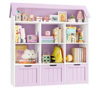 Étagère de rangement pour jouets - Bibliothèque en forme de maison - 7 compartiments ouverts et 3 tiroirs - Avec roulettes - En bois - 120 x 33 x 117,5 cm - Rose