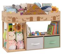 Étagère de rangement pour jouets COSTWAY avec zoo en peluche et 2 tiroirs en tissu, étagère pour enfants, bibliothèque pour enfants, rangement pour jouets pour chambre de jeu, 111x40x92 cm