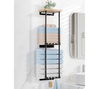 Étagère de salle de bain sans perçage, avec plateau et 6 crochets, noire, 72x20x16 cm