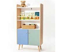 Étagère d'enfant ALVIX NESTA 4 avec 2 portes, bibliothèque Montessori pour enfants avec espace de rangement pour les livres, étagère à jouets et armoire de rangement, équipée d'un système anti-bascule