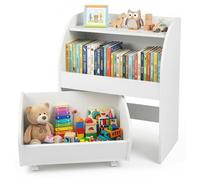 Étagère d'enfant COSTWAY à 3 niveaux avec tiroir sur roulettes, bibliothèque pour enfants en bois, étagère à jouets avec 2 compartiments ouverts, étagère de rangement, blanche