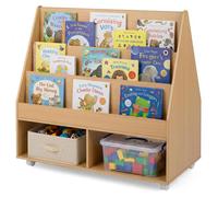 Étagère double face pour enfants COSTWAY, bibliothèque pour enfants avec tableau noir, roulettes, 3 étagères et 2 compartiments, étagère à jouets, porte-journaux en bois, couleur naturelle