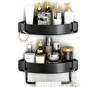 Etagere Douche à 2 Niveaux avec Porte Serviettes et 2 Crochets, Etagere Salle de Bain en Acier Inoxydable, Support Douche Sans Percage Noir, Rangement Salle de Bain pour Bouteilles de Shampoing Gel