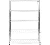 Étagère en fil métallique à 5 niveaux, robuste et autonome, avec étagères et pieds réglables en hauteur. Multifonctionnelle : cuisine, bureau, garage, garde-manger. Finition chrome argenté. Capacité d