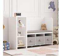 [en.casa] Étagère pour Enfants avec Banc d'Assise Coussin Confortable Bibliothèque Meuble à Chaussures Panneau de Particules Polyester Polyuréthane 76 x 112 x 40 cm Blanc Gris