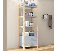 Étagère Fortuna Lai, 2 tiroirs, bibliothèque à 4 niveaux, cadre en pin, poignées en bois massif, pour salon, chambre à coucher, bibliothèque, bleu + bois naturel, 70 × 44 × 180 cm