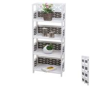 Étagère HWC-K86, Étagère sur pied, pliable 4 étagères, Bois 110cm blanc, tressage gris
