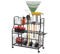 Étagère mobile de rangement pour outils de jardin - Support à outils - 3 étagères - Paniers et crochets - Pour outils à longue tige - Étanche - Acier inoxydable - Noir