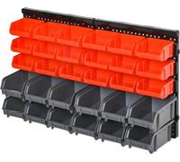 Étagère murale avec boîtes à vue - boîte d'assortiment - 33 pièces - 2 tailles de boîte - 37,5×18×63 cm - plastique - pour vis - rouge
